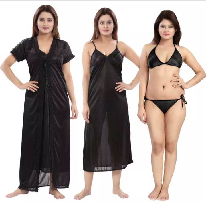 Buy 4-Part Satin Solid Women's Nighty Set - Elegant and Comfortable Night Dress for Women- Enjoy a Night of Blissful Sleep at best Price In Bangladesh