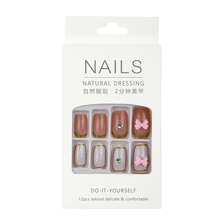 Picture of Natural Dressing Fake Nails Square Head White and pink bow Nail (Buy 1 Get 1 Free)