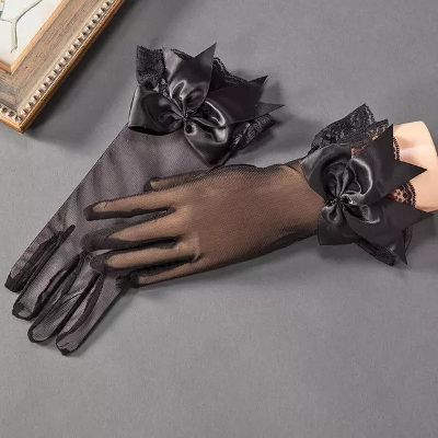 Picture of Women Lace Mesh Gloves Ladies White wrist gloves Large Bow Knot Marriage Glove