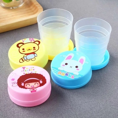 Picture of Portable Folding Cup with Lid Reusable Plastic Water Cup Cartoon Collapsible Mouthwash Cup Travel Outdoor Drinking Cup 100ml