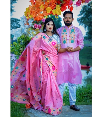 Buy Dhupian Slik Skin Print Sharee & Punjabi Couple Set For Men & Women (Pink) at best price In Bangladesh
