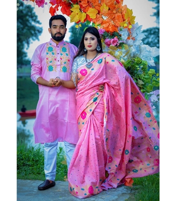 Buy Dhupian Slik Skin Print Sharee & Punjabi Couple Set For Men & Women (Pink) at best price In Bangladesh
