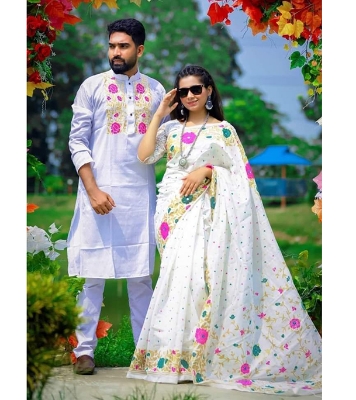 Buy Dhupian Slik Skin Print Sharee & Punjabi Couple Set For Men & Women (White) at best price In Bangladesh