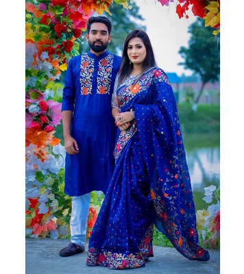 Buy Dhupian Slik Skin Print Sharee & Punjabi Couple Set For Men & Women (Blue) at best price In Bangladesh