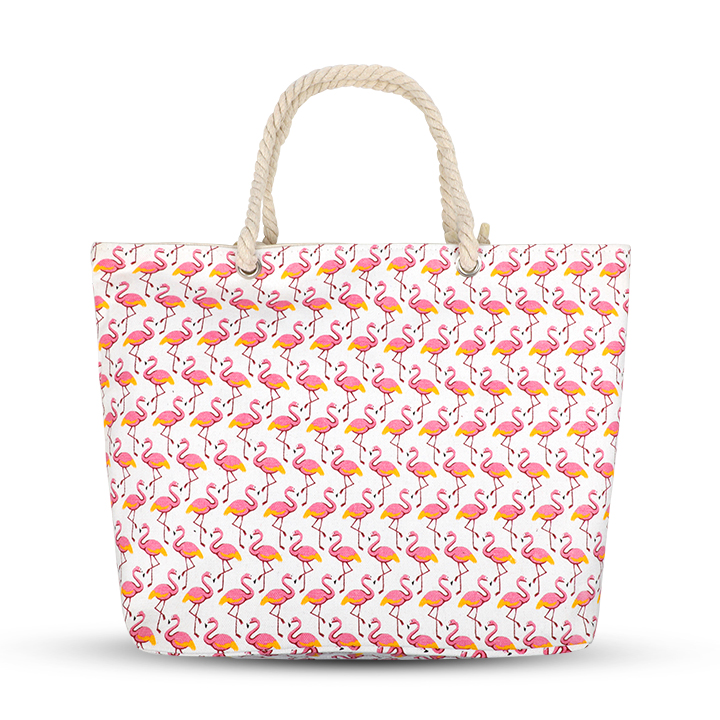 Buy Cute Flamingo custom print White large zippered shoulder tote travel pack beach bag with Rope Handles at Best Price In Bangladesh