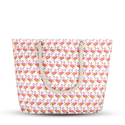 Buy Cute Flamingo custom print White large zippered shoulder tote travel pack beach bag with Rope Handles at Best Price In Bangladesh