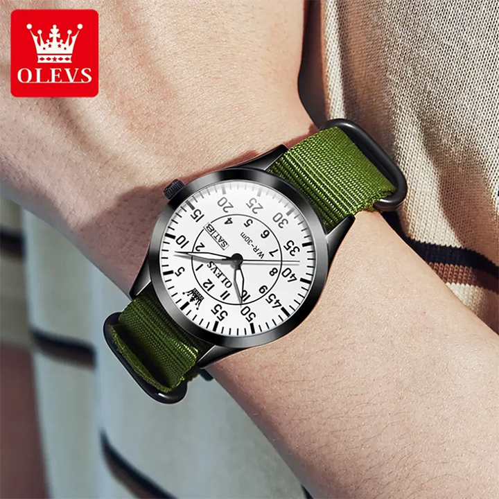 Picture of Olevs 9973 Day Date Nylon Strap Men’s Watch - Green White