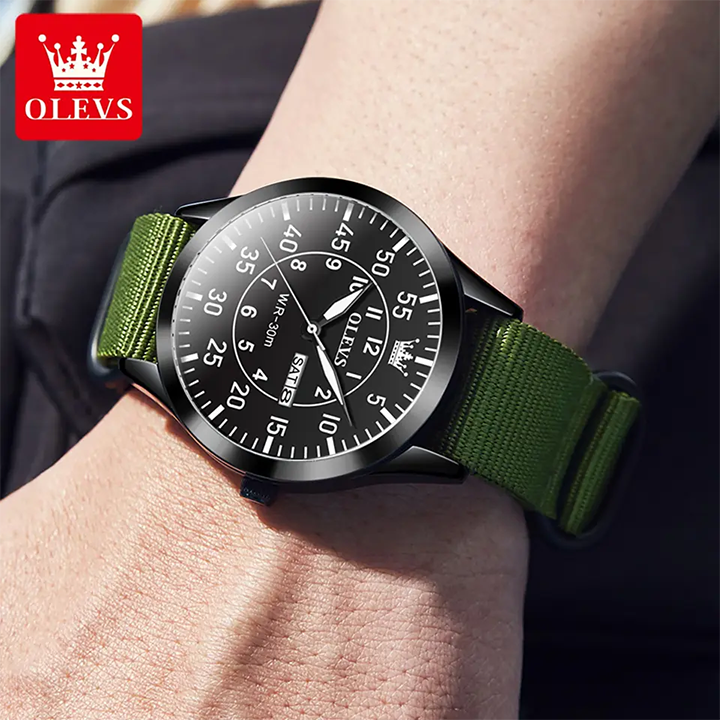 Picture of Olevs 9973 Day Date Nylon Strap Men’s Watch - Green Black