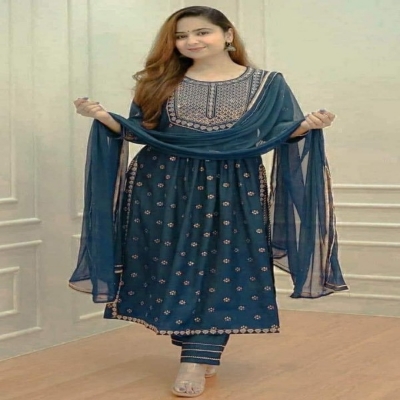 Picture of Rayon Cotton embroidery work nayra cut shalwar kameez 3 pice dress for girls(TP-1202)