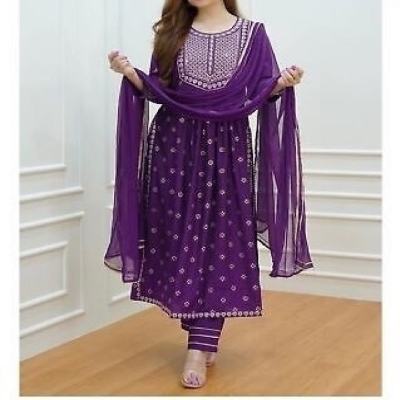 Picture of Rayon Cotton embroidery work nayra cut shalwar kameez 3 pice dress for girls(TP-1201)