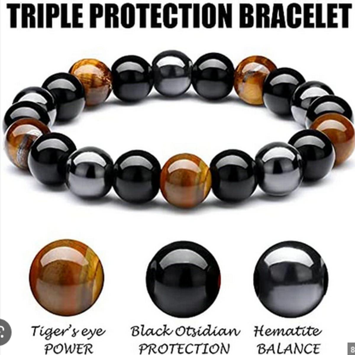 Picture of Crystal Vibe Triple Protection Bracelet - Beaded Bracelet with Natural Stones of Tiger Eye, Hematite, Black Obsidian - Elastic Adjustable Crystal Bracelet for Anxiety Relief, Spiritual Healing