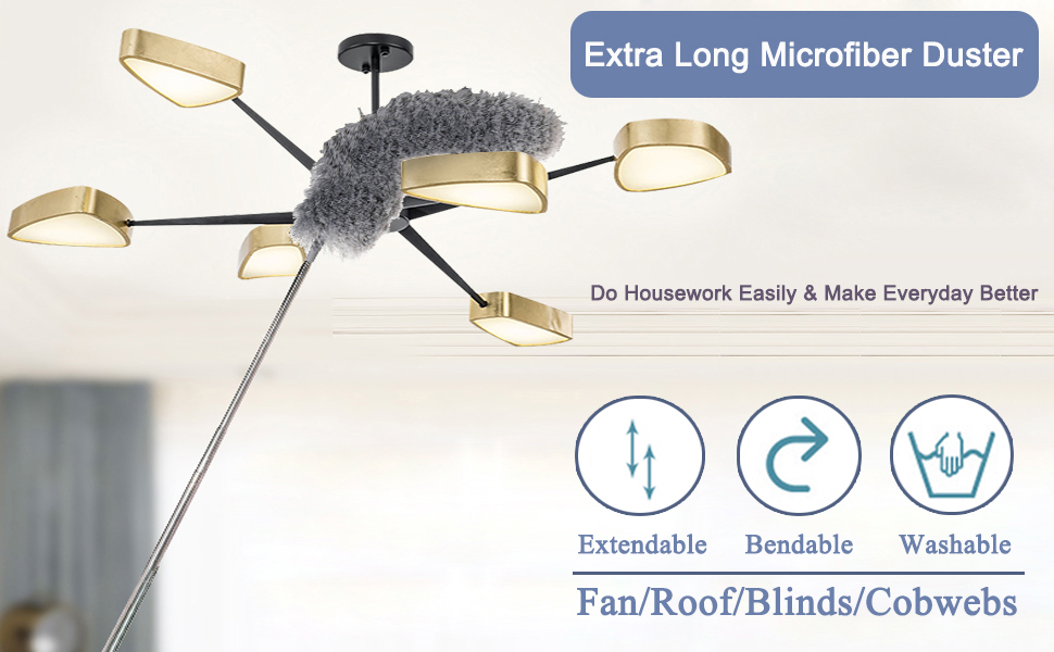 Picture of Big Size Fulminare Microfiber Feather Duster Bendable & Extendable Fan Cleaning Duster with 100 inches Expandable Pole Handle Washable Duster for High Ceiling Fans,Window Blinds, Furniture (Standard)