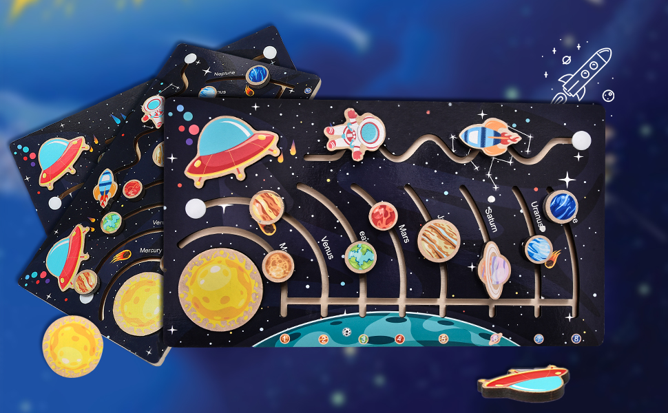 Picture of Wooden Solar System Maze Board Educational Toy Montessori Slide Puzzle Eight Planet Matching Game Sensory Thinking Learning Toys