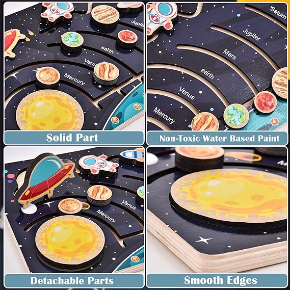 Picture of Wooden Solar System Maze Board Educational Toy Montessori Slide Puzzle Eight Planet Matching Game Sensory Thinking Learning Toys