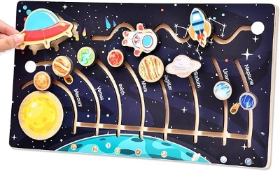 Picture of Wooden Solar System Maze Board Educational Toy Montessori Slide Puzzle Eight Planet Matching Game Sensory Thinking Learning Toys