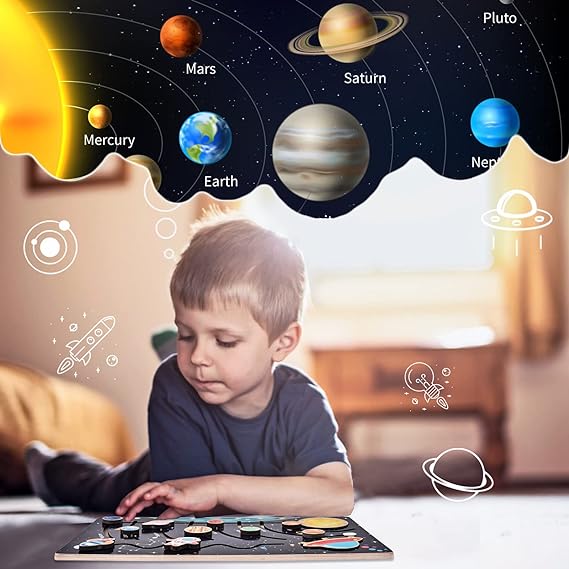 Picture of Wooden Solar System Maze Board Educational Toy Montessori Slide Puzzle Eight Planet Matching Game Sensory Thinking Learning Toys