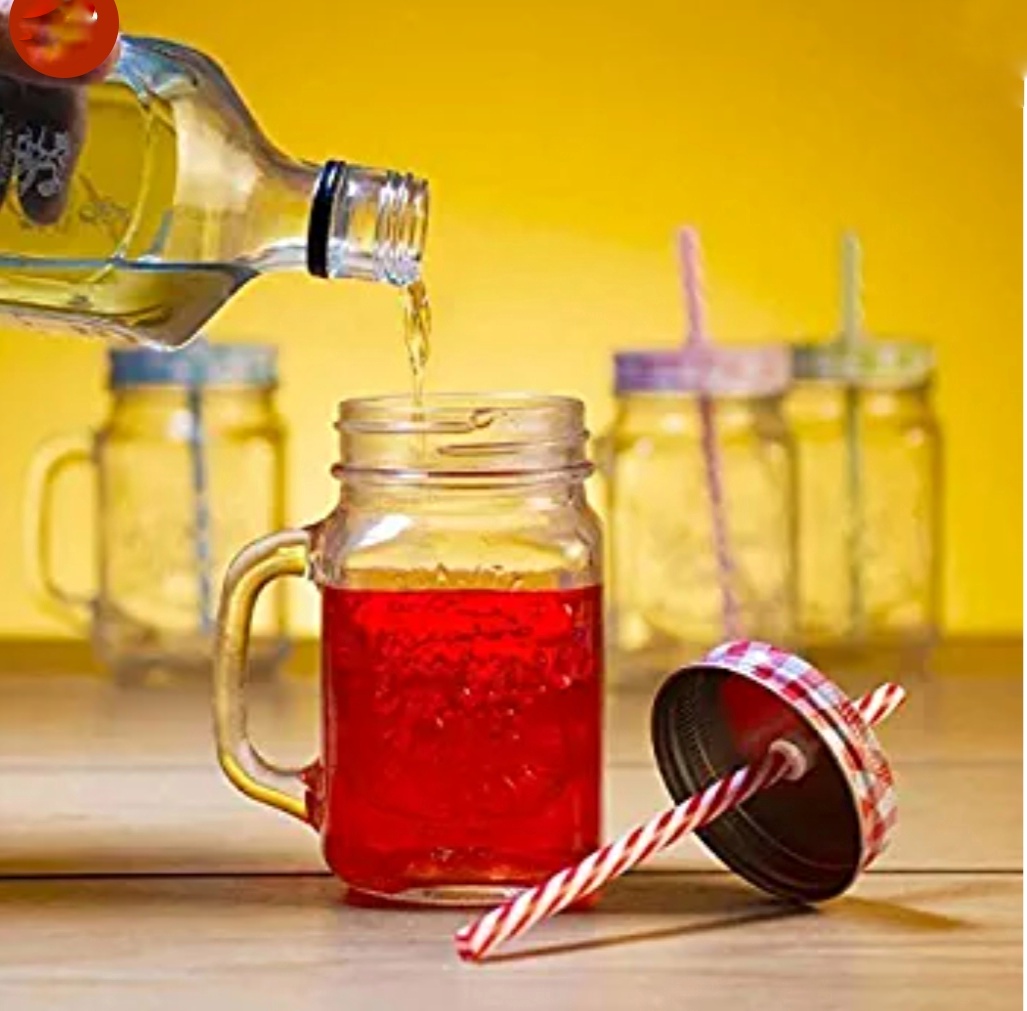 Picture of Juice Glass Straw Jar with Lid and Straw Summer Ice Cream Fruit Cold Drinking Water Jars Cold Coffee Juice Cup Glass Mason Jar 500 ml - Coffee Mug