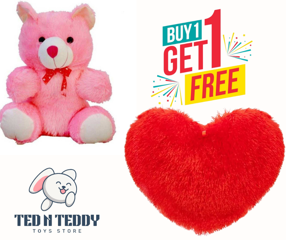 Picture of Pink Teddy Bear And Heart Shape Pillow Lover & Best Gift - Super Soft Buy 1 Get 1 Free