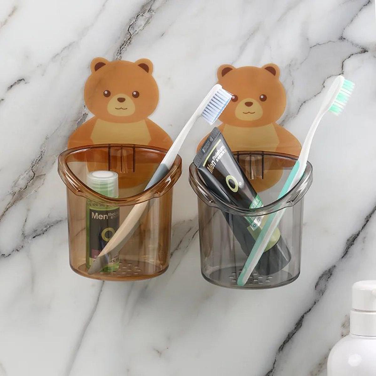 Picture of Deep Creations Teddy Bear Tooth Brush Holder with Self Adhesive Sticker - Set, Pack of 2, for Home Kitchen Bathroom