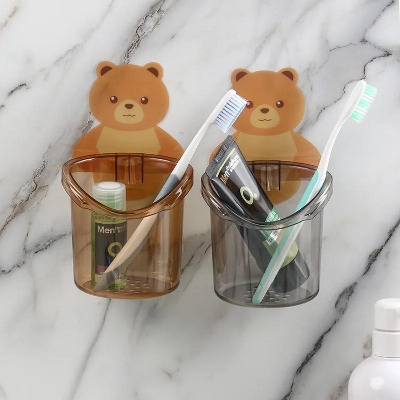 Picture of Deep Creations Teddy Bear Tooth Brush Holder with Self Adhesive Sticker - Set, Pack of 2, for Home Kitchen Bathroom