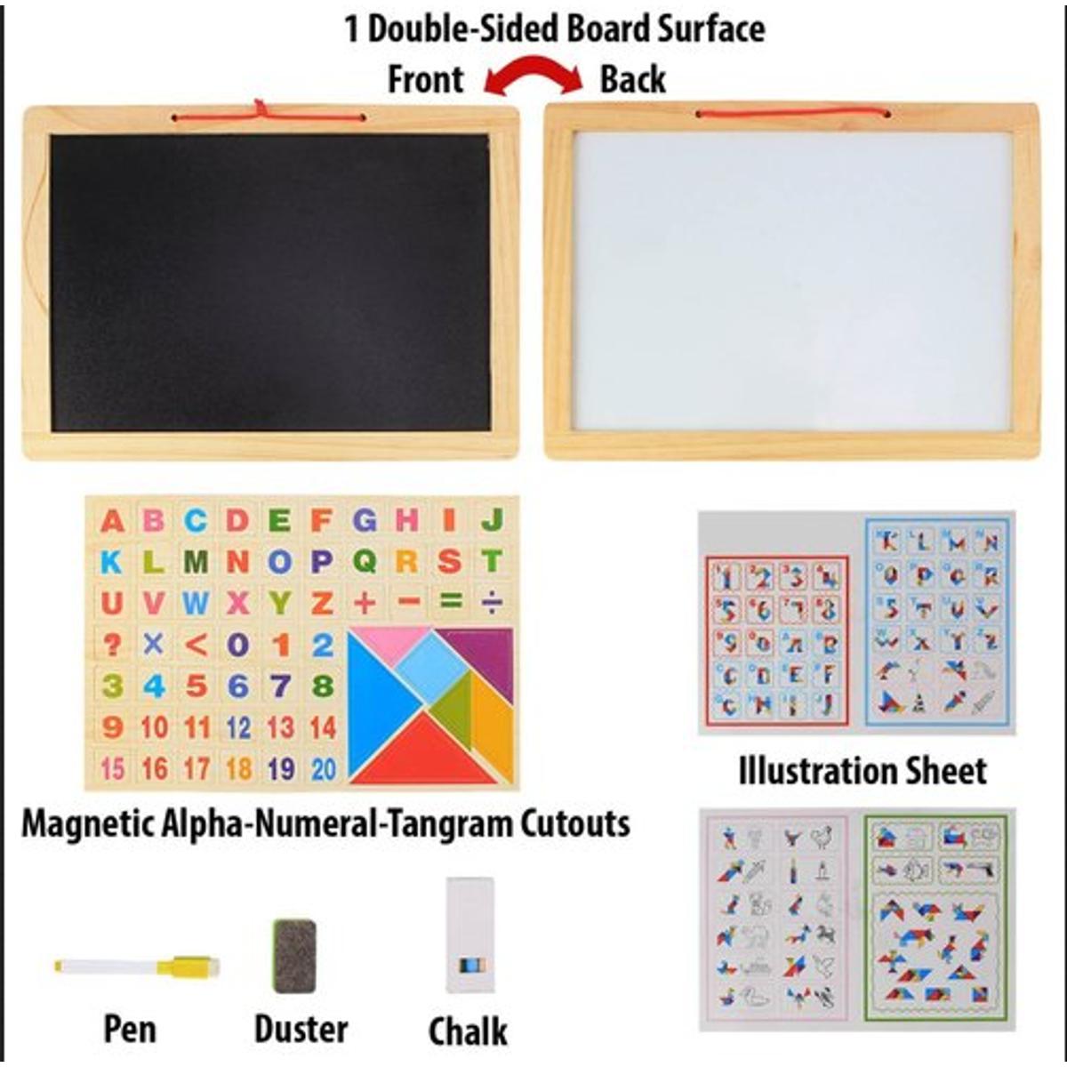 Picture of Educational Learning Board Multipurpose Double-Sided Magnetic Wooden Writing, Mathematical Calculations & English Alphabets,White and Black Board, Wooden Magnetic Drawing Board