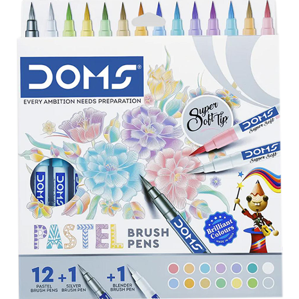 Buy doms-super-soft-tip-pastel-shades-brush-pen-set-12-pastel-shades-1-silver-shade-1-blenderat Best Prices in Bangladesh
