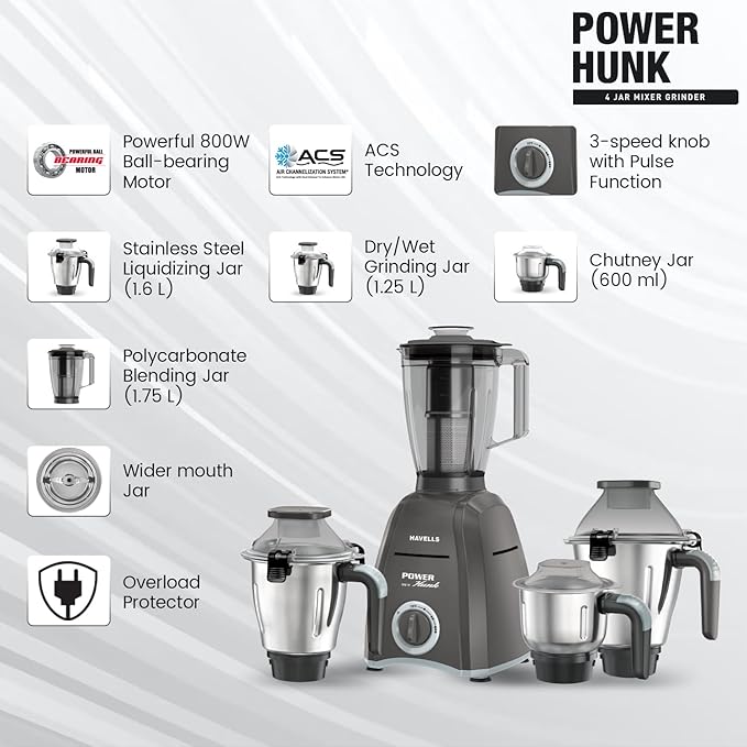 Buy Havells Power Hunk 4 Jars 800 watt Mixer Grinder with 3 Wider mouth Stainless Steel Jar, Hands Free operation, SS-304 Grade Blade Grey Online