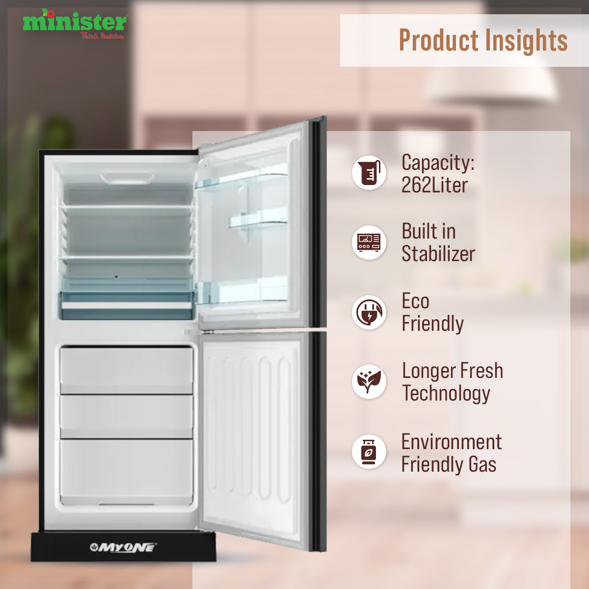 Picture of MYONE 262 Liter Frost Type Bottom Mount Refrigerator Pink Dahlia Black Full Match-262 (MY-2F2G)