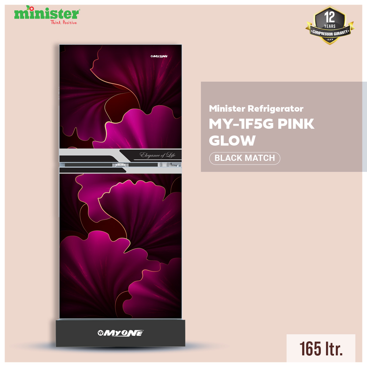 Picture of MYONE 165 Liter Frost Type Top Mount Refrigerator Pink Glow Black Match-165 (MY-1F5G)