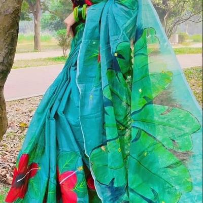 Picture of Half Silk Exclusive Design Hand Printed Saree for women