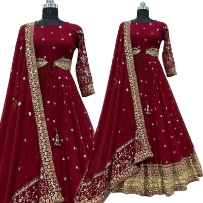 Picture of Georgette Embroidery SemiStitched Party Long Gown For Women