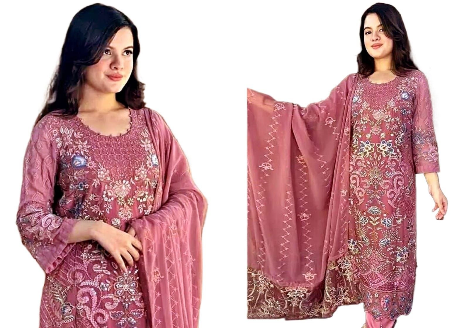 Picture of New Stylish Exclushive Collection Weatless Goergett Computer Abroydary Work Three Piece Salower Kameez For Women - Dress For Girls - 3 Pice Dress - Three Piece - Dress For Girls