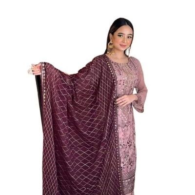 Picture of High Quality Georgette Embroidery New Stylish Semi Stitched Party Shalwer Kameez 4 pcs for Women