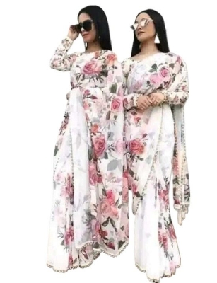 Picture of Fashionable print jorjet sari/ dress Flat Color Saree for Women