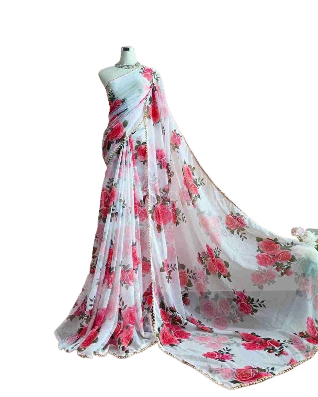 Picture of Fashionable print jorjet sari/ dress Flat Color Saree for Women