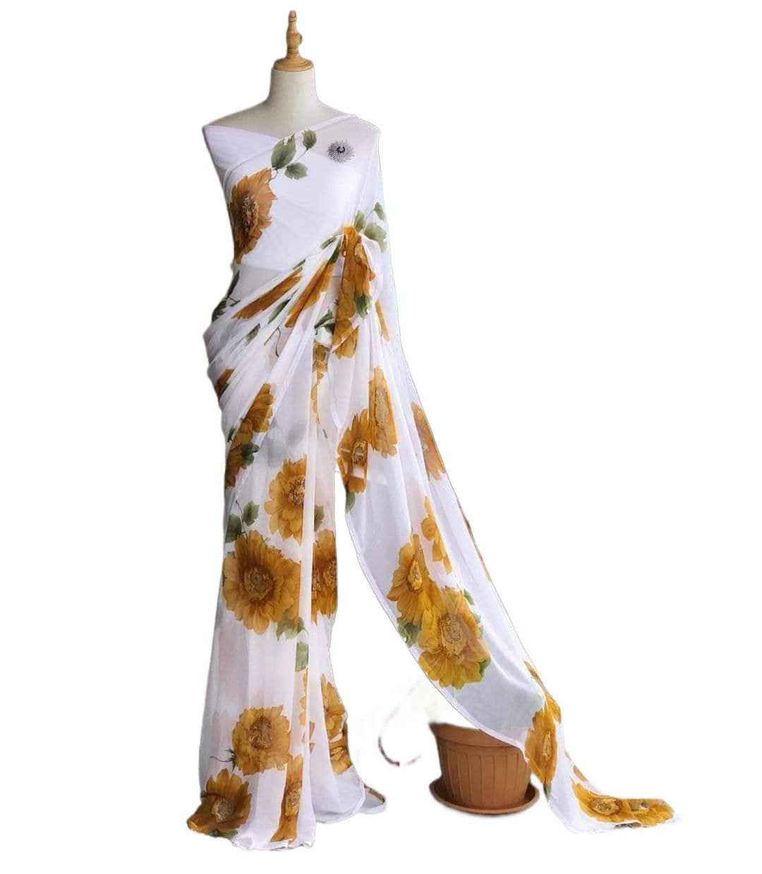 Picture of Fashionable print jorjet sari/ dress Flat Color Saree for Women