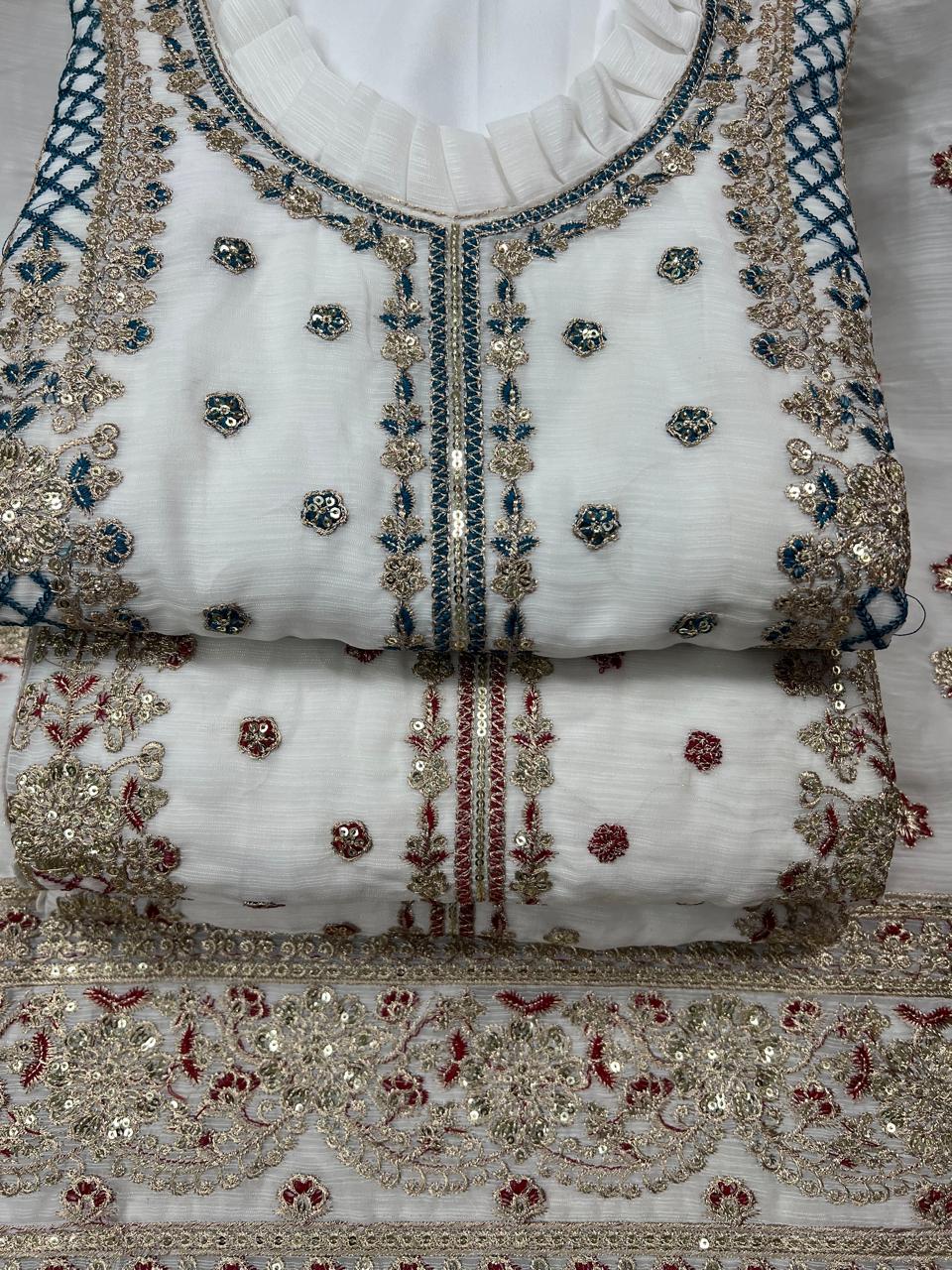 Picture of High Quality white Gold Georgette Embroidery কন্ডিশন - সেমী স্টিচড (সেলাই করে পড়তে হবে  New Stylish Party Shalwer Kameez for Women.[ quantity-1