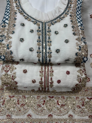 Picture of High Quality white Gold Georgette Embroidery কন্ডিশন - সেমী স্টিচড (সেলাই করে পড়তে হবে  New Stylish Party Shalwer Kameez for Women.[ quantity-1