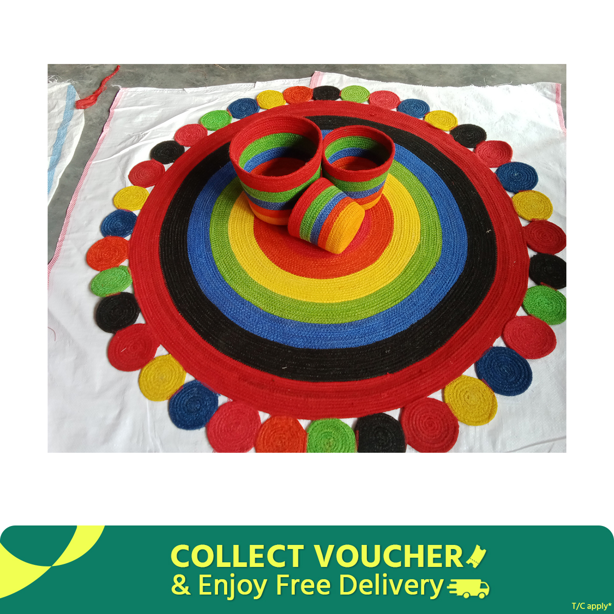 Picture of 1 Piece 3ft Rainbow Chaka Jute Rugs +  3 Piece Plant Basket ( 4 Pieces set)