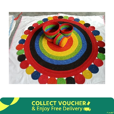 Picture of 1 Piece 3ft Rainbow Chaka Jute Rugs +  3 Piece Plant Basket ( 4 Pieces set)