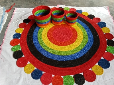 Picture of 1 Piece 3ft Rainbow Chaka Jute Rugs +  3 Piece Plant Basket ( 4 Pieces set)