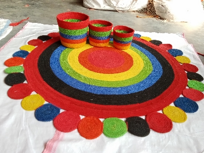 Picture of 1 Piece 3ft Rainbow Chaka Jute Rugs +  3 Piece Plant Basket ( 4 Pieces set)
