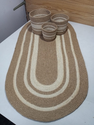 Picture of 1 pieces Oval Jute Mat and 3 pieces Basket ( 4 pieces set , mat size: 2/4ft )
