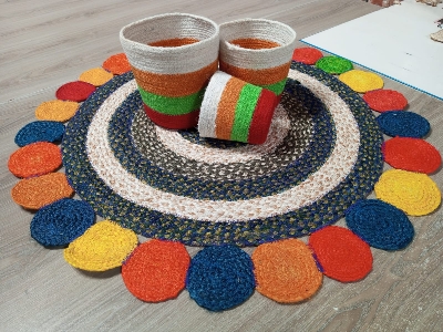 Picture of 3ft Floor Jute Mat/ Rugs + 3 pieces Basket ( Full set 4 pieces )