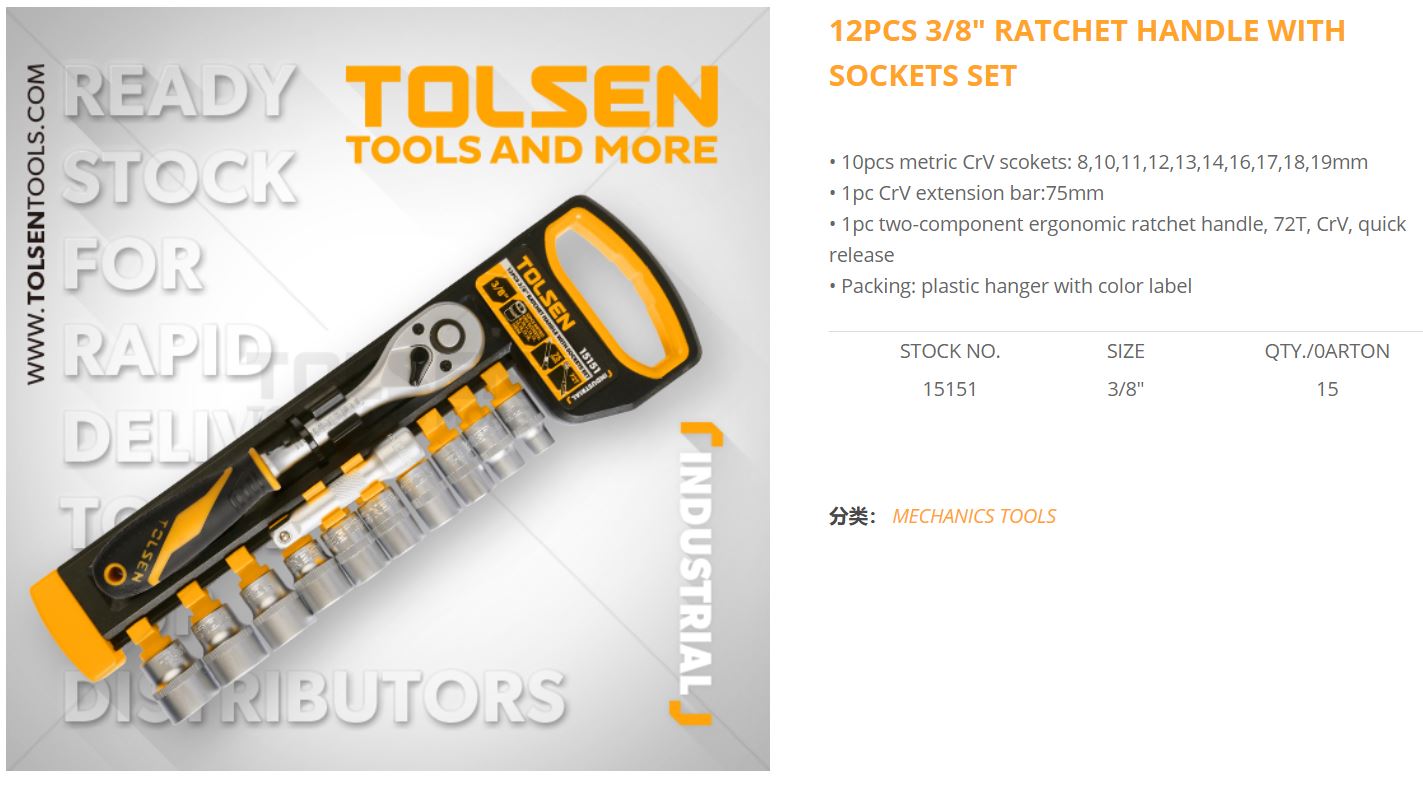 Picture of Tolsen 12 Pcs Ratchet Handle With Sockets Set 3/8" Drive 15151