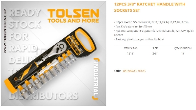 Picture of Tolsen 12 Pcs Ratchet Handle With Sockets Set 3/8" Drive 15151