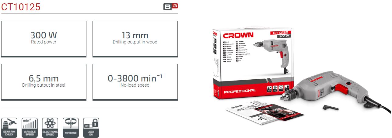 Picture of CROWN Electric Drill 300Watt, 6.5mm (1/4") CT10125 - Kings Trading