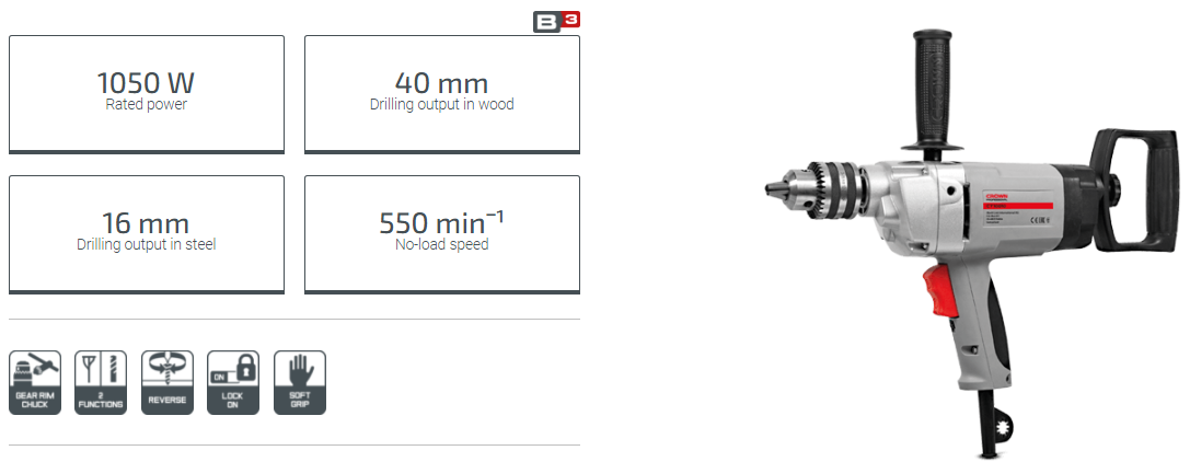 Picture of CROWN Low Speed Drill 1050w Steel-13mm, Wood-40mm CT10010 - Kings Trading