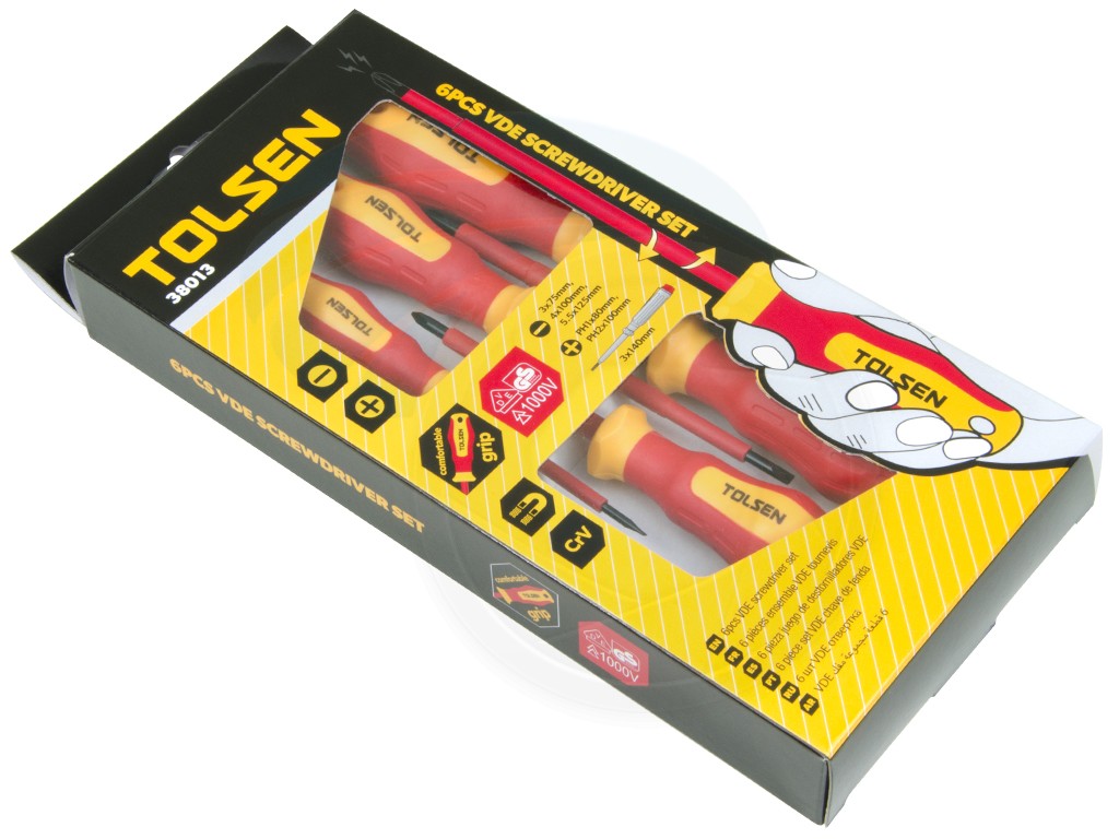 Picture of TOLSEN 6Pcs VDE Power Insulated 1000V Flat Phillips Handle Screwdrivers Set /38013 - Kings Trading