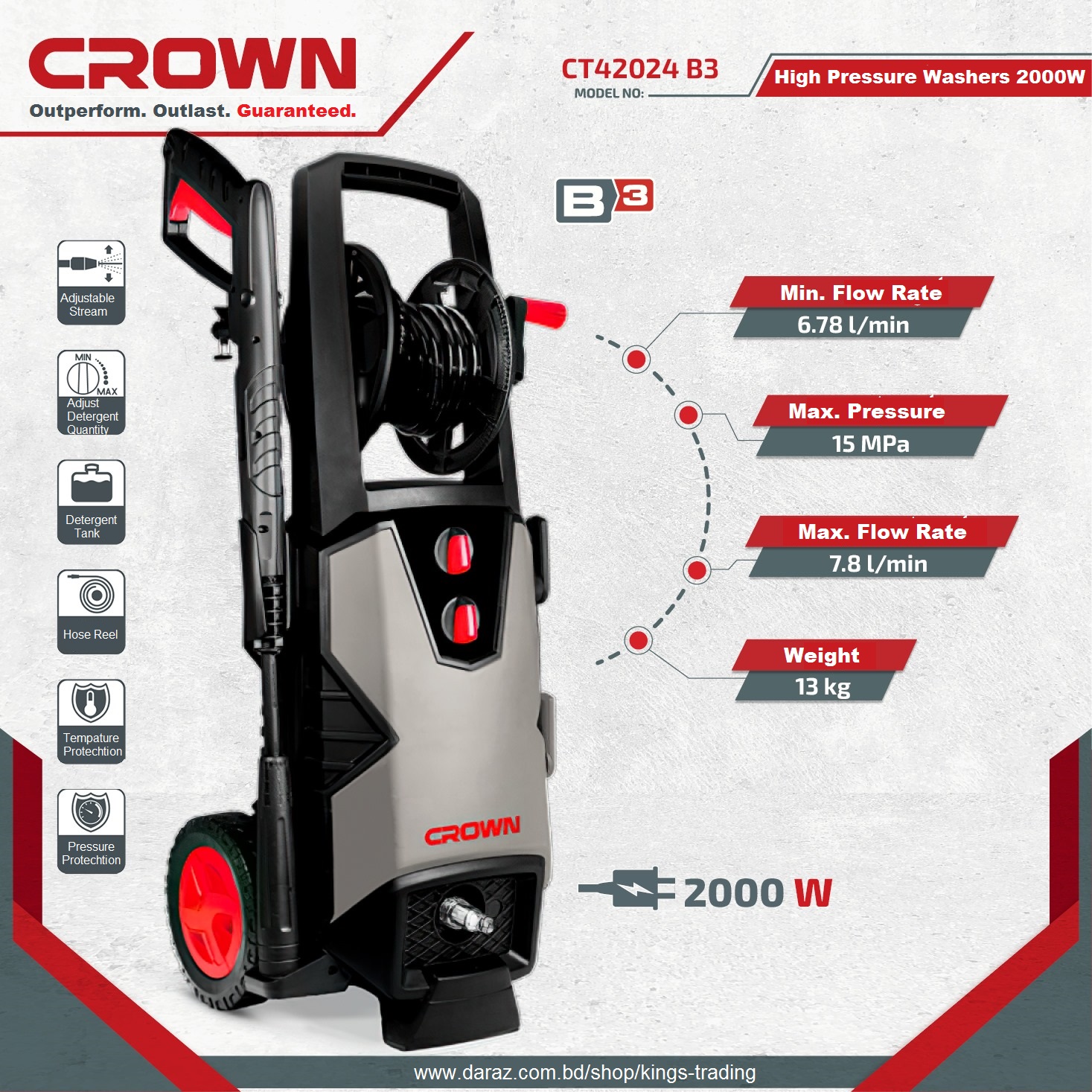 Picture of Exceotional Quality - Crown 2000W 150 bar High Pressure Washer Car Washer Bike Washer Cleaner Model: CT42024 - Sustainable Option